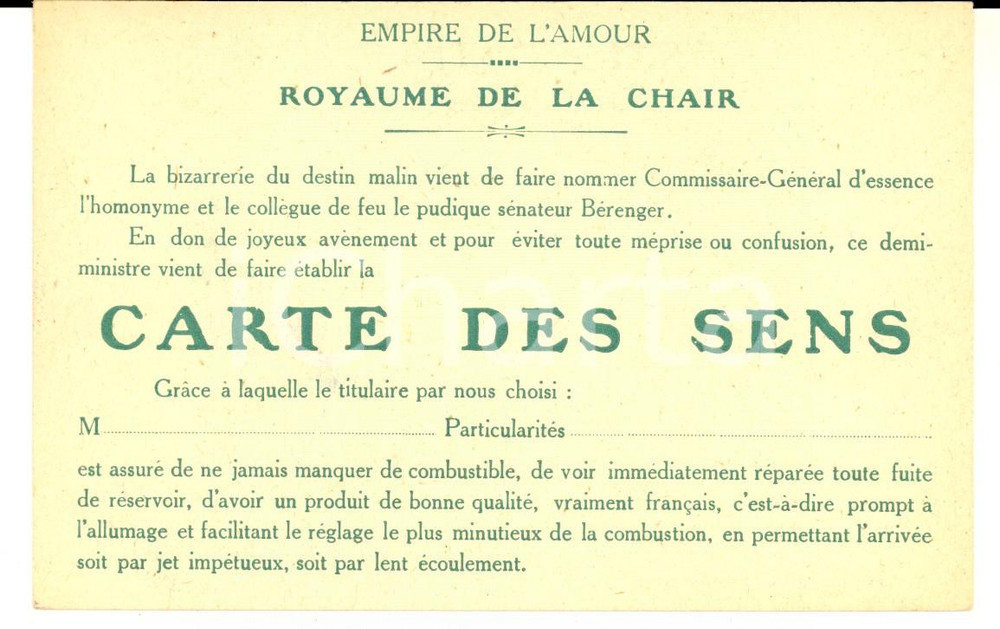 Cartolina originale da collezione 1910 CARTE DES SENS Royaume de la chair Carte postale satirique BERENGER 1