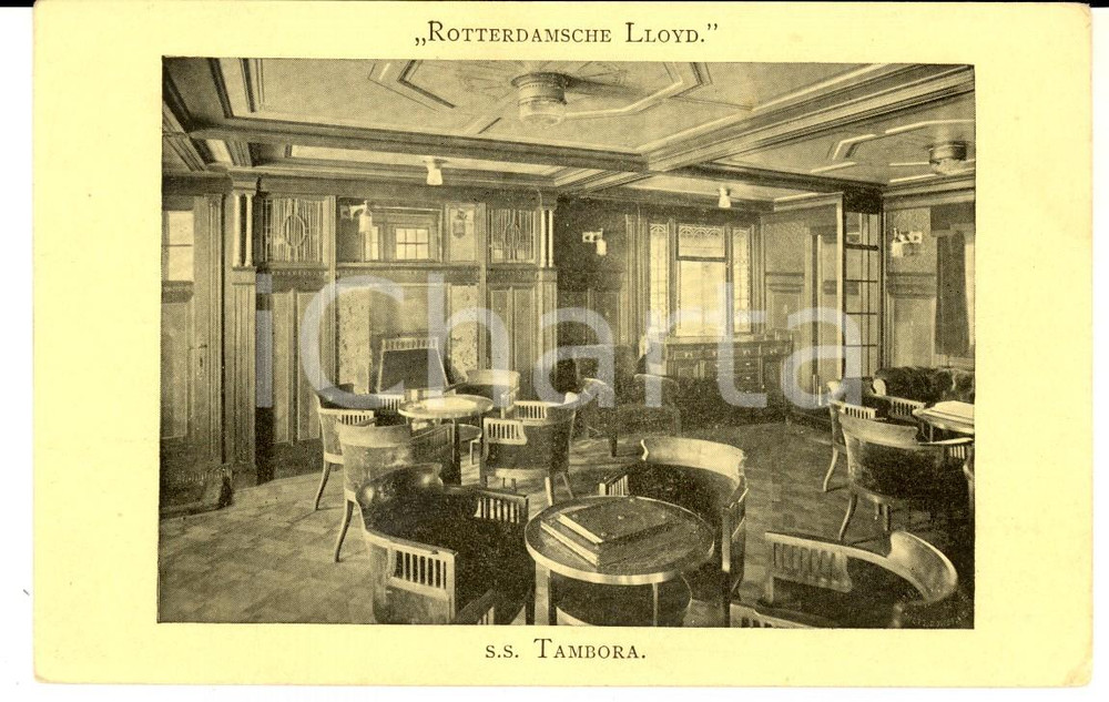 Cartolina originale da collezione 1930 ca ROTTERDAMSCHE LLOYD  SS TAMBORA  Salone passeggeri Cartolina FP 1