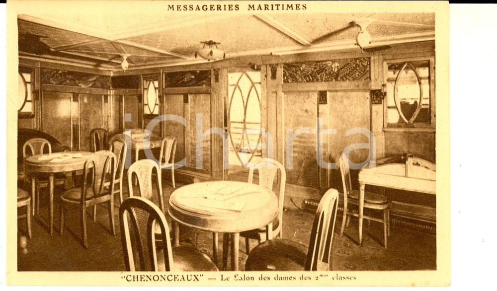 Cartolina originale da collezione 1930 ca MESSAGERIES MARITIMES Paquebot CHENONCEAUX Salon dames 2mes classes 1