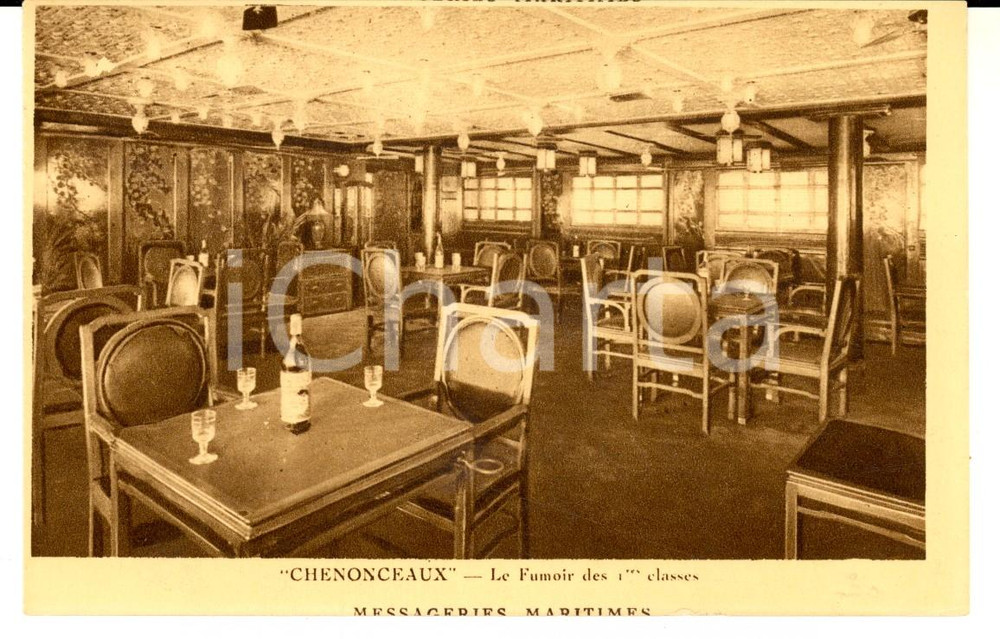 Cartolina originale da collezione 1930 ca MESSAGERIES MARITIMES Paquebot CHENONCEAUX Fumoir de la 1Ã¨re classe 1