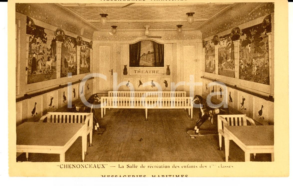 Cartolina originale da collezione 1930 ca MESSAGERIES MARITIMES Paquebot CHENONCEAUX Salle enfants 1Ã¨re classe 1
