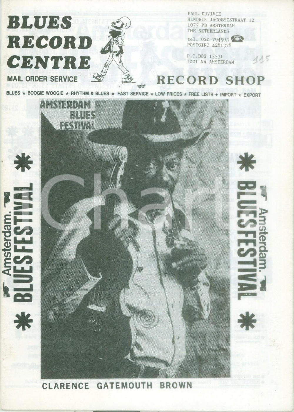 Materiale pubblicitario d’epoca 1987 AMSTERDAM BLUES FESTIVAL Clarence GATEMOUTH BROWN Notiziario concerti 1