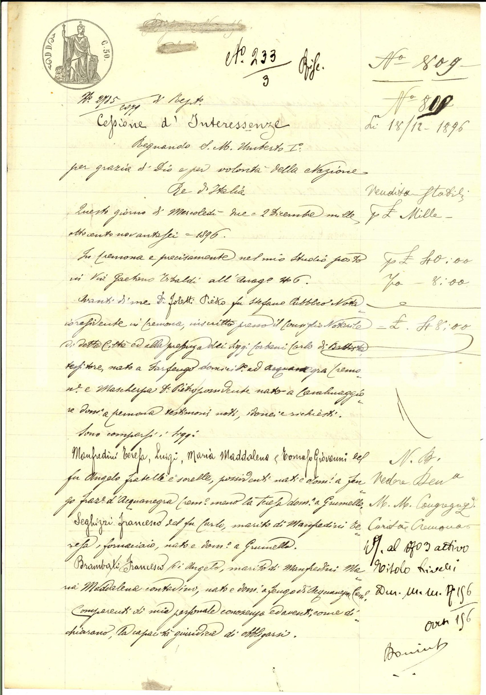 Documento originale, autentico 1896 FENGO CR Fratelli MANFREDINI cedono interessenze su stabile Manoscritto 1