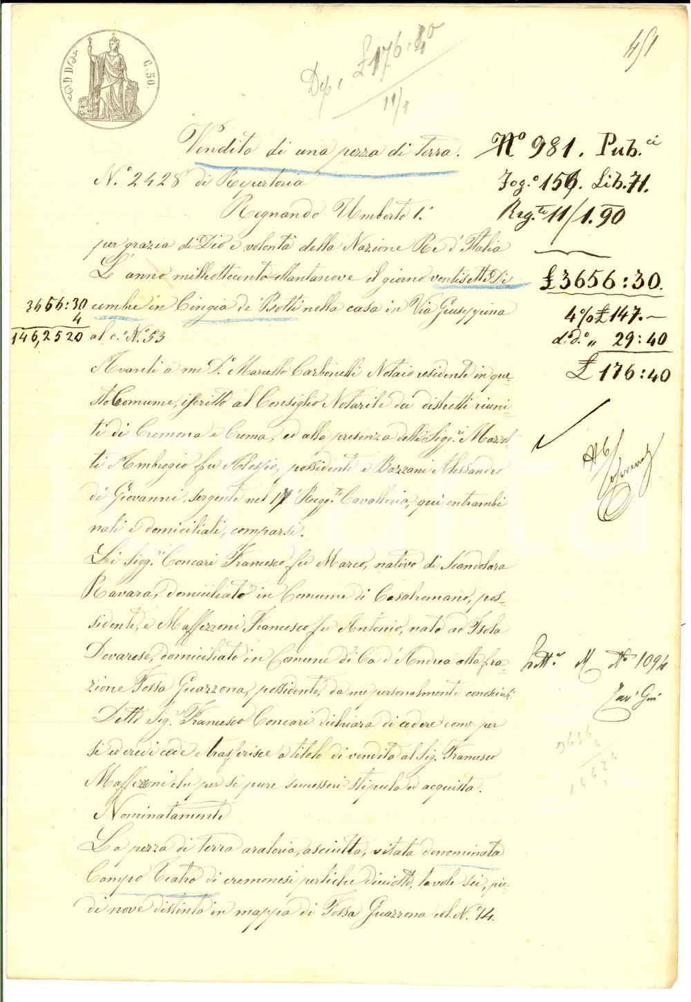 Documento originale, autentico 1889 FOSSA GUAZZONA CR Francesco CONCARI vende terra a Francesco MAFFEZZONI 1
