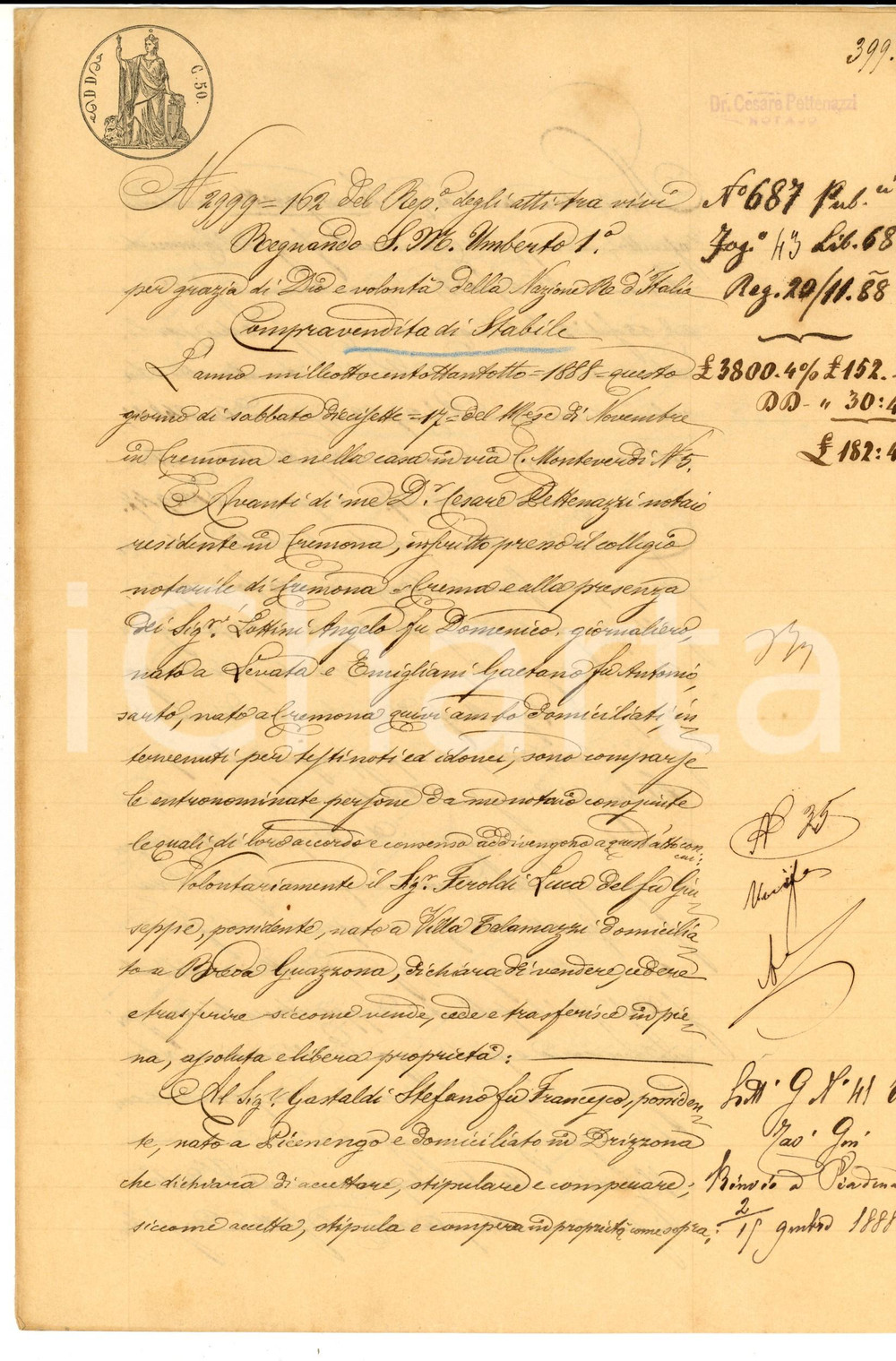 Documento originale, autentico 1888 COLOMBAROLO CR Luca FEROLDI vende capo ZUMEGARETTO a Stefano GASTALDI 1