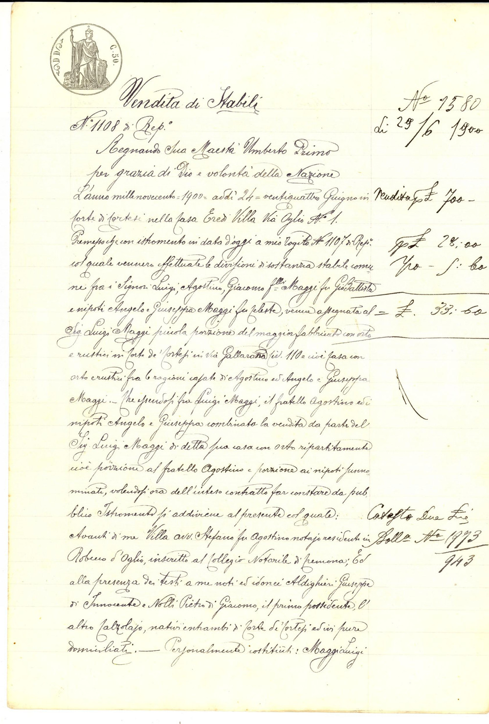 Documento originale, autentico 1900 CORTE DE  CORTESI Luigi MAGGI vende porzione di casa al fratello Agostino 1