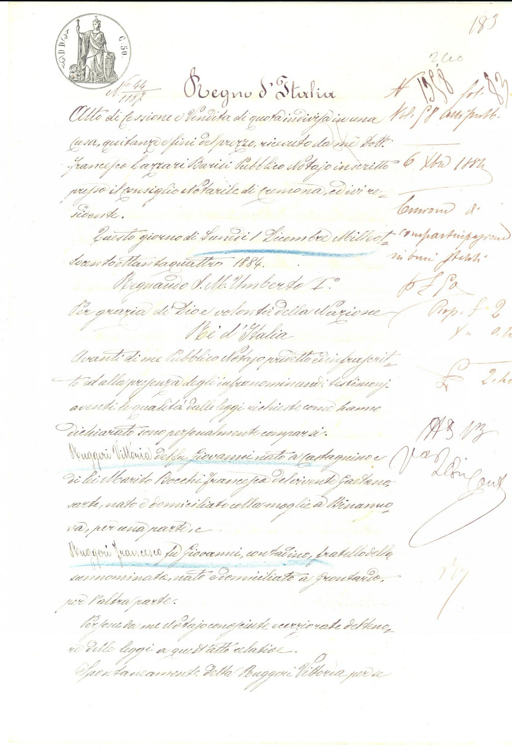 Documento originale, autentico 1884 GRONTARDO CR Vittoria RUGGERI vende al fratello Francesco parte di casa 1