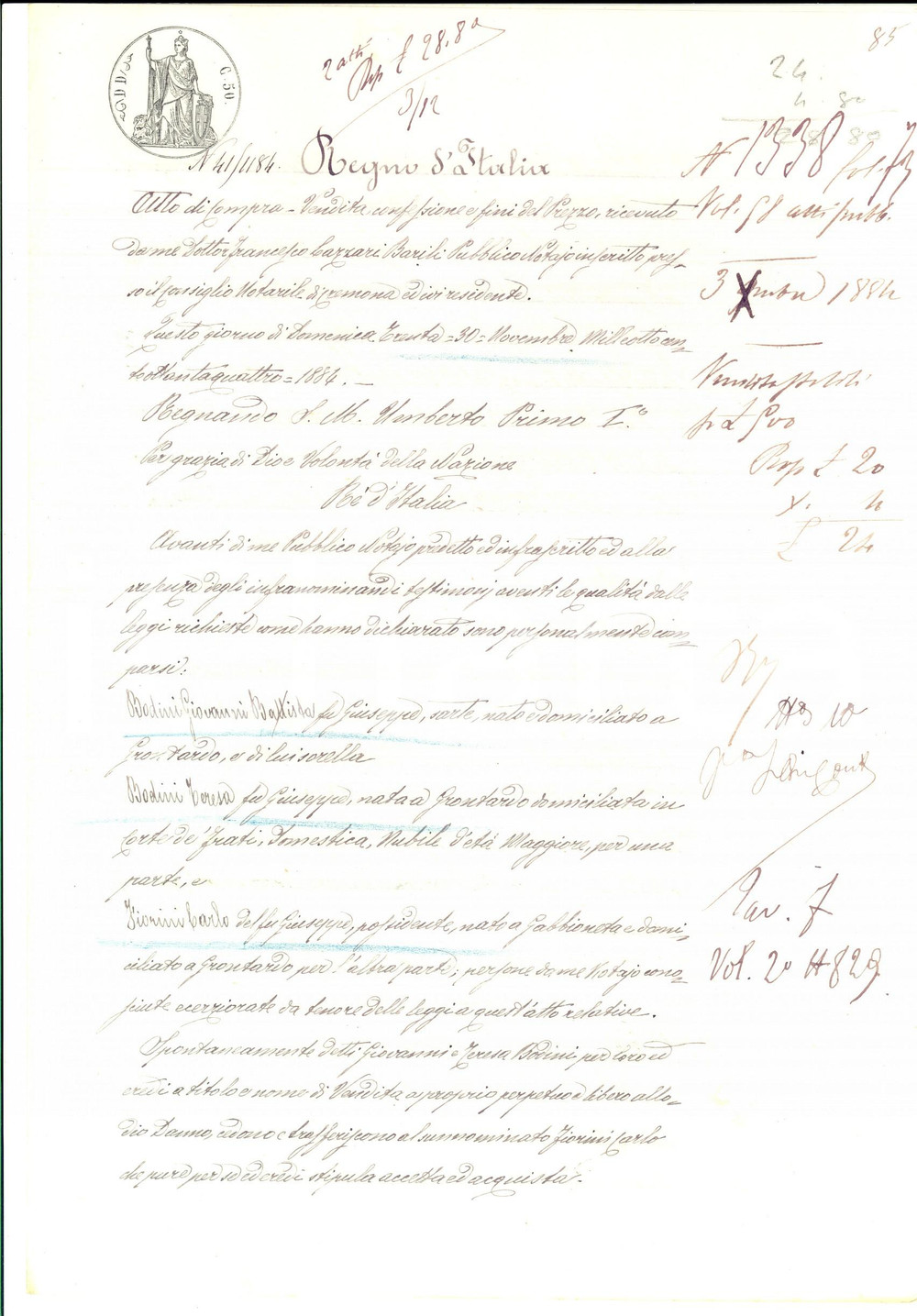 1884 GRONTARDO Giovanni e Teresa BODINI vendono porzione terreno a Carlo FIORINI