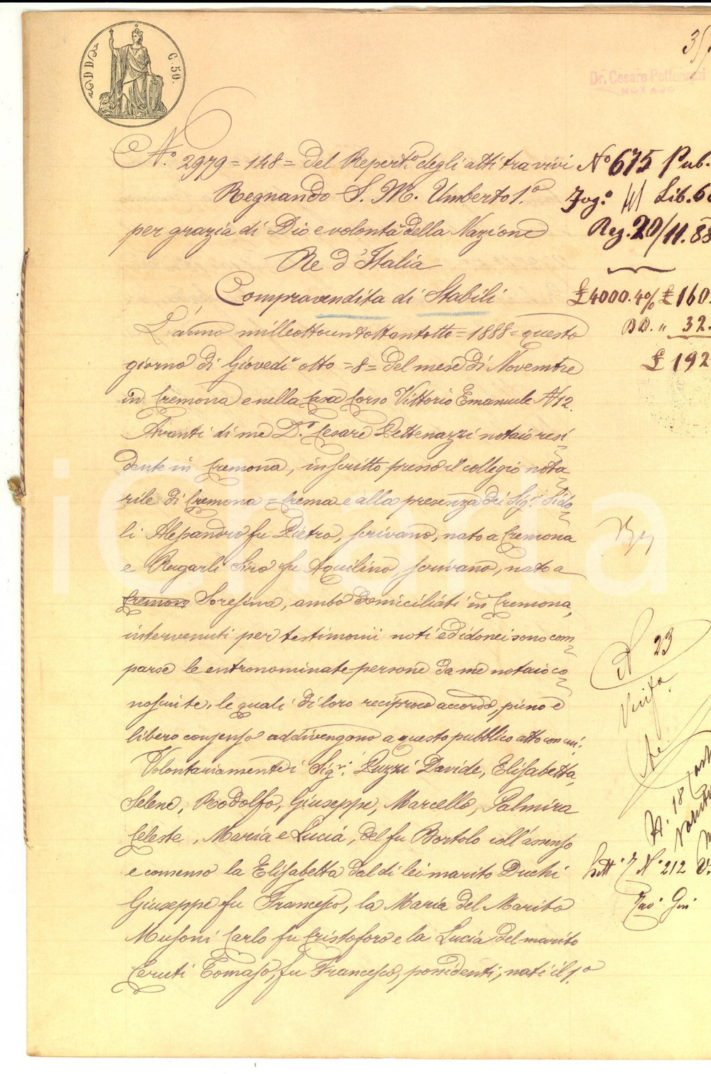 Documento originale, autentico 1888 GRONTARDO CR Famiglia PUZZI vende terre a Francesco TRAVISI Manoscritto 1