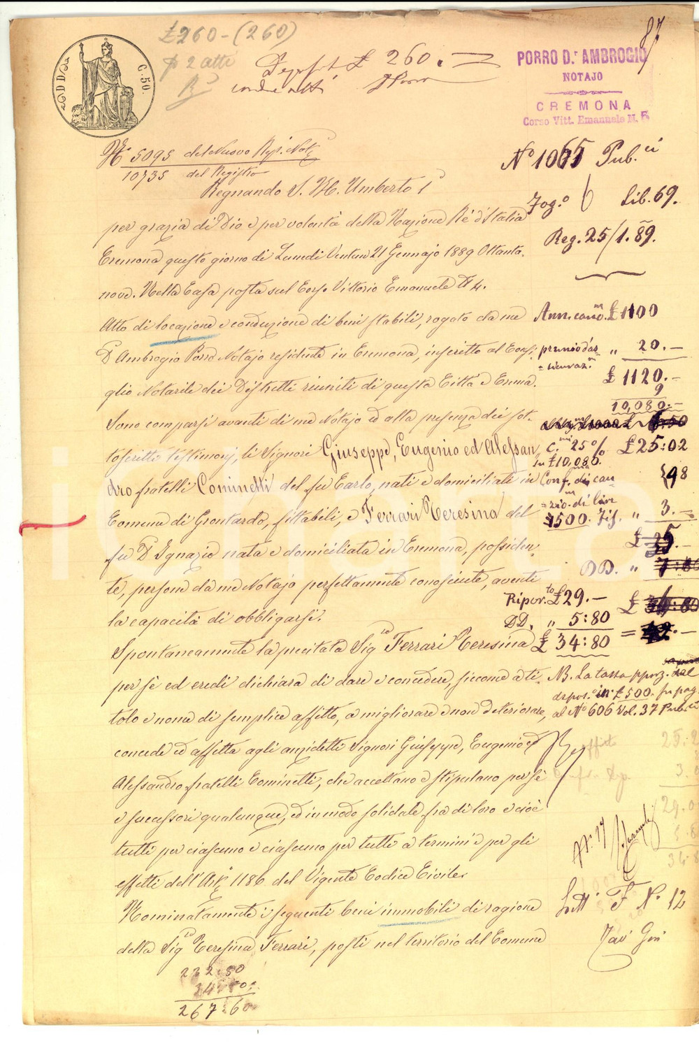 Documento originale, autentico 1889 GRONTARDO CR Teresina FERRARI affitta campi ai fratelli COMINETTI 1