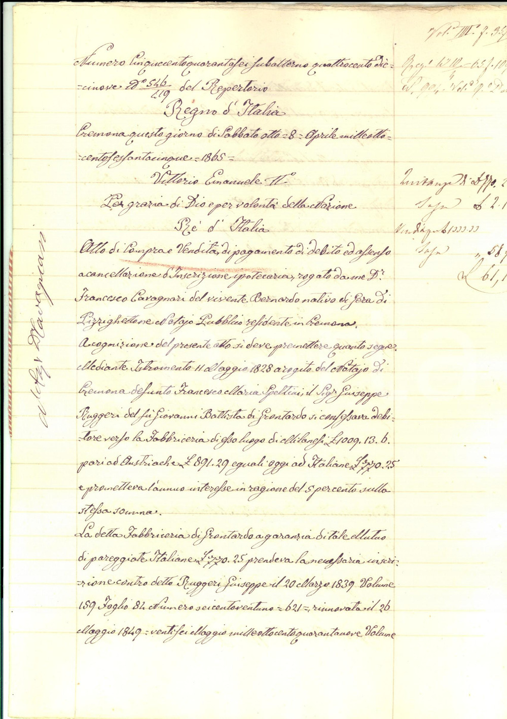 Documento originale, autentico 1865 GRONTARDO CR Basilio RUGGERI vende casa con orto a Francesco PIRINI 1