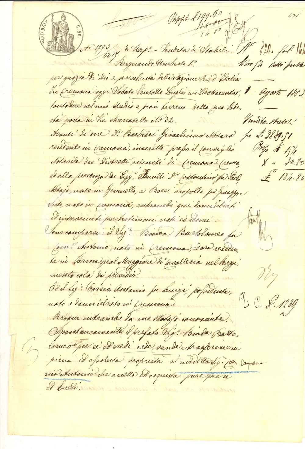 Documento originale, autentico 1883 FORMIGARA CR Bartolomeo BINDA vende podere CASTINA ad Antonio CORSICO 1