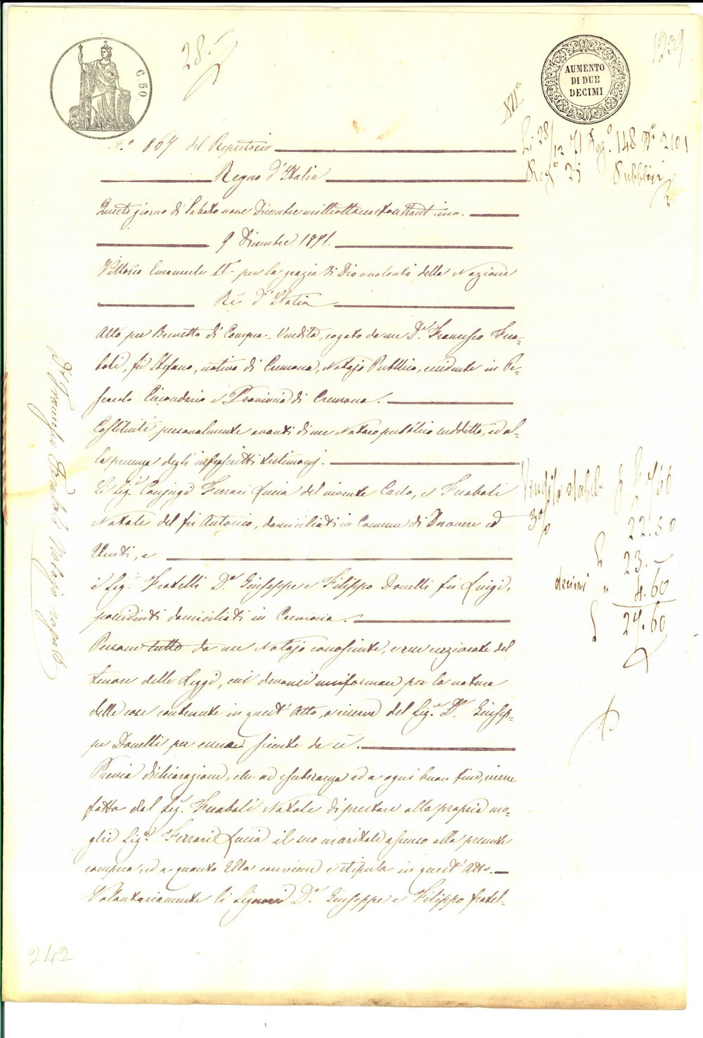 Documento originale, autentico 1871 CREMONA Giuseppe e Filippo DONELLI vendono campo a Lucia FERRARI 1
