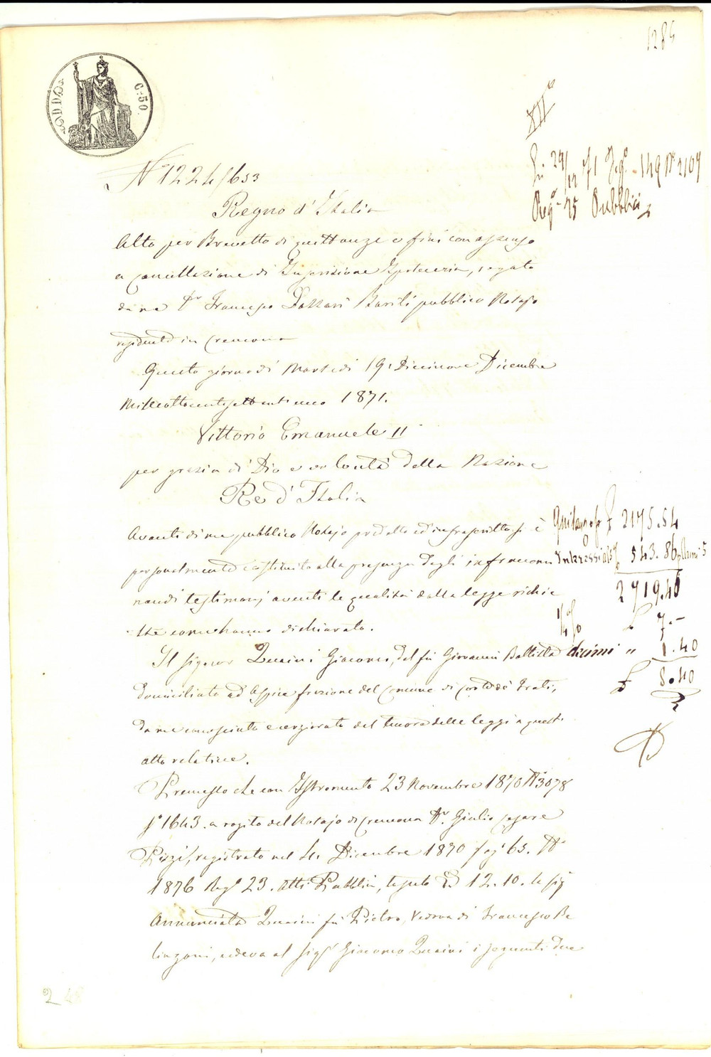 Documento originale, autentico 1871 CORTE DE  FRATI Quietanza di Giacomo QUAINI pro Francesco BELLINZONI 1
