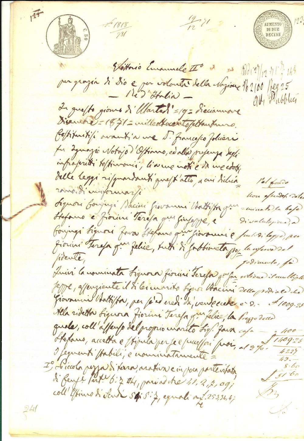 Documento originale, autentico 1871 GABBIONETA CR Teresa FIORINI vende piccola terra arativa Manoscritto 1