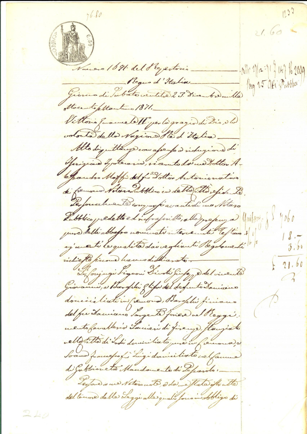 Documento originale, autentico 1871 CREMONA Contratto di prestito tra Francesco SOAVE  e i fratelli DIVOTI 1