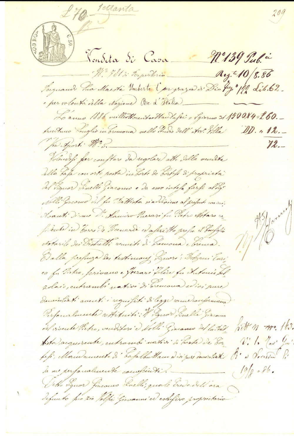 Documento originale, autentico 1886 CORTE DE  CORTESI Giacomo SINELLI vende casa con orto a Giacomo NOLLI 1