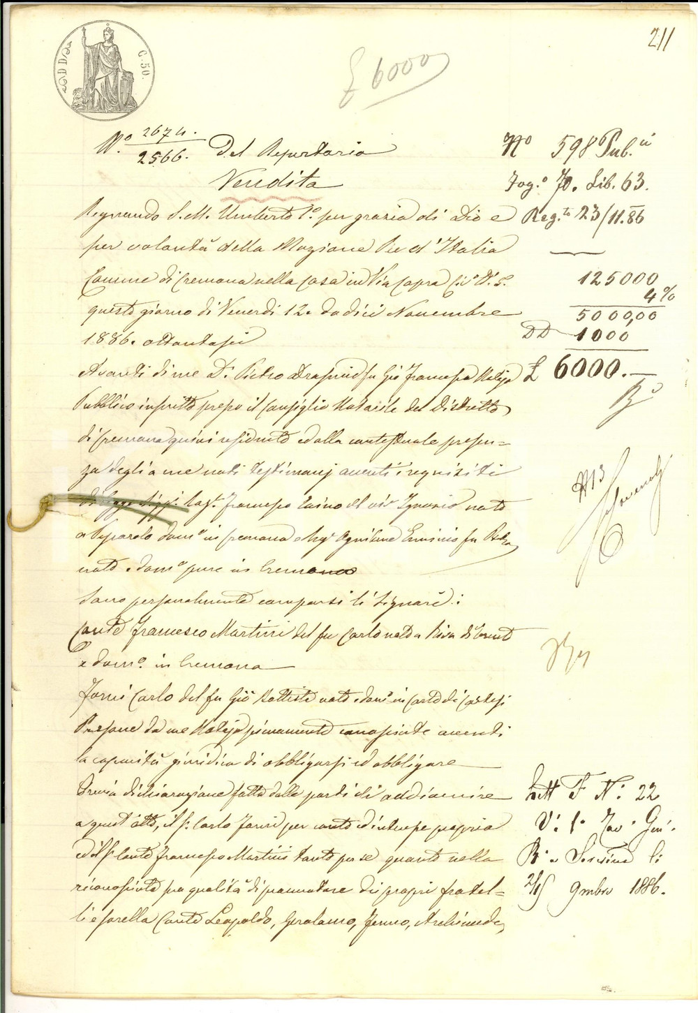 Documento originale, autentico 1886 CORTE DE  CORTESI Carlo Francesco MARTINI vende cascina a Carlo FORNI 1