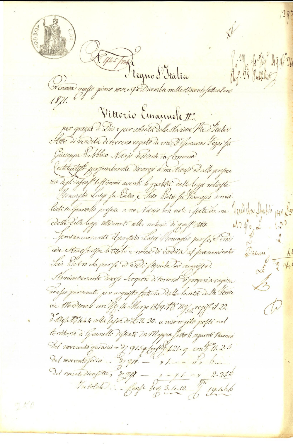 Documento originale, autentico 1871 GRUMELLO CREMONESE Luigi RONCAGLIO vende terreni a Pietro SIRO Manoscritto 1