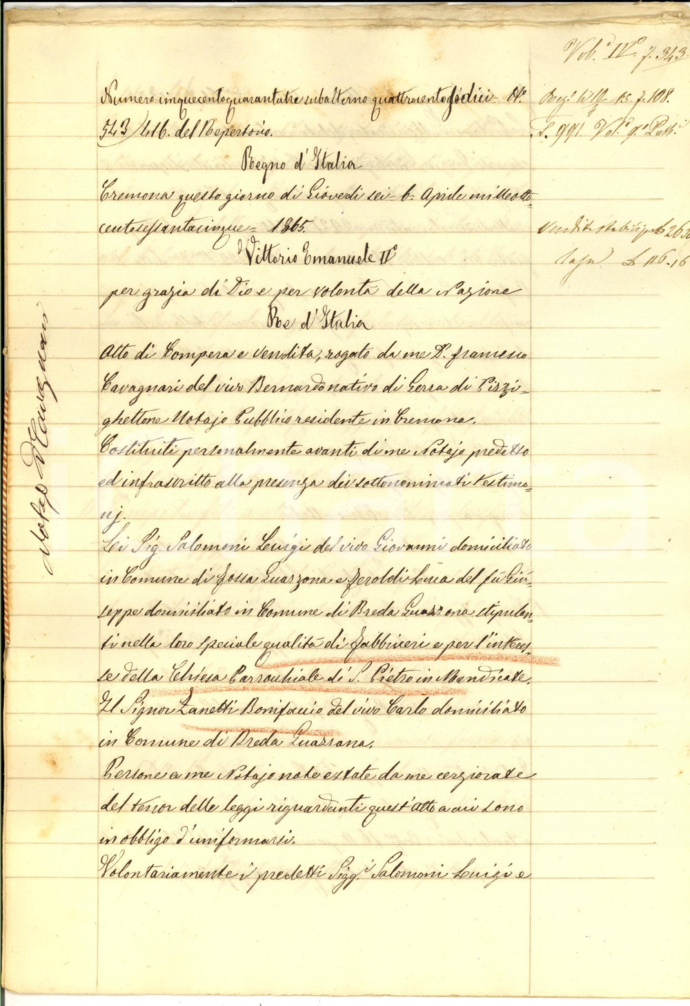 Documento originale, autentico 1865 BREDA GUAZZONA Vendita chiesa SAN PIETRO IN MENDICATE a Bonifacio ZANETTI 1