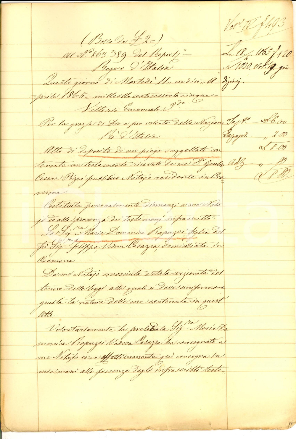 Documento originale, autentico 1865 CREMONA Deposito di testamento di Maria Domenica RAPUZZI vedova CASAZZA 1