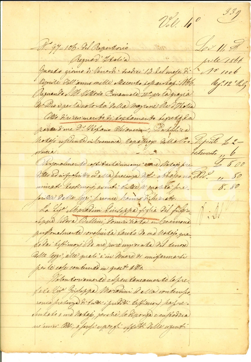 Documento originale, autentico 1866 CREMONA Deposito di testamento di Giuseppa MORADINI Manoscritto 1