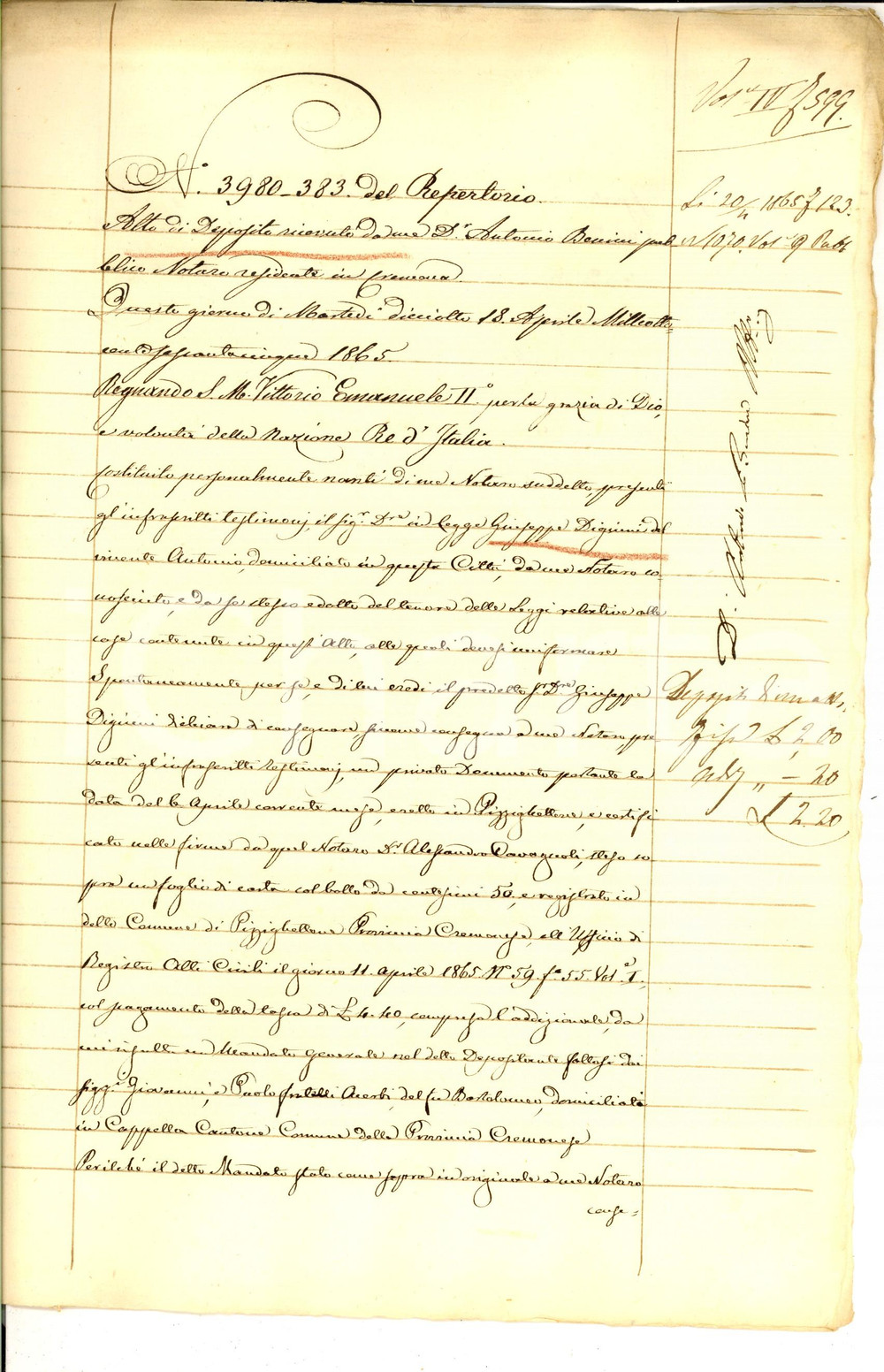 Documento originale, autentico 1865 CREMONA Atto di deposito di Giuseppe DIGIUNI procuratore fratelli CURTI 1