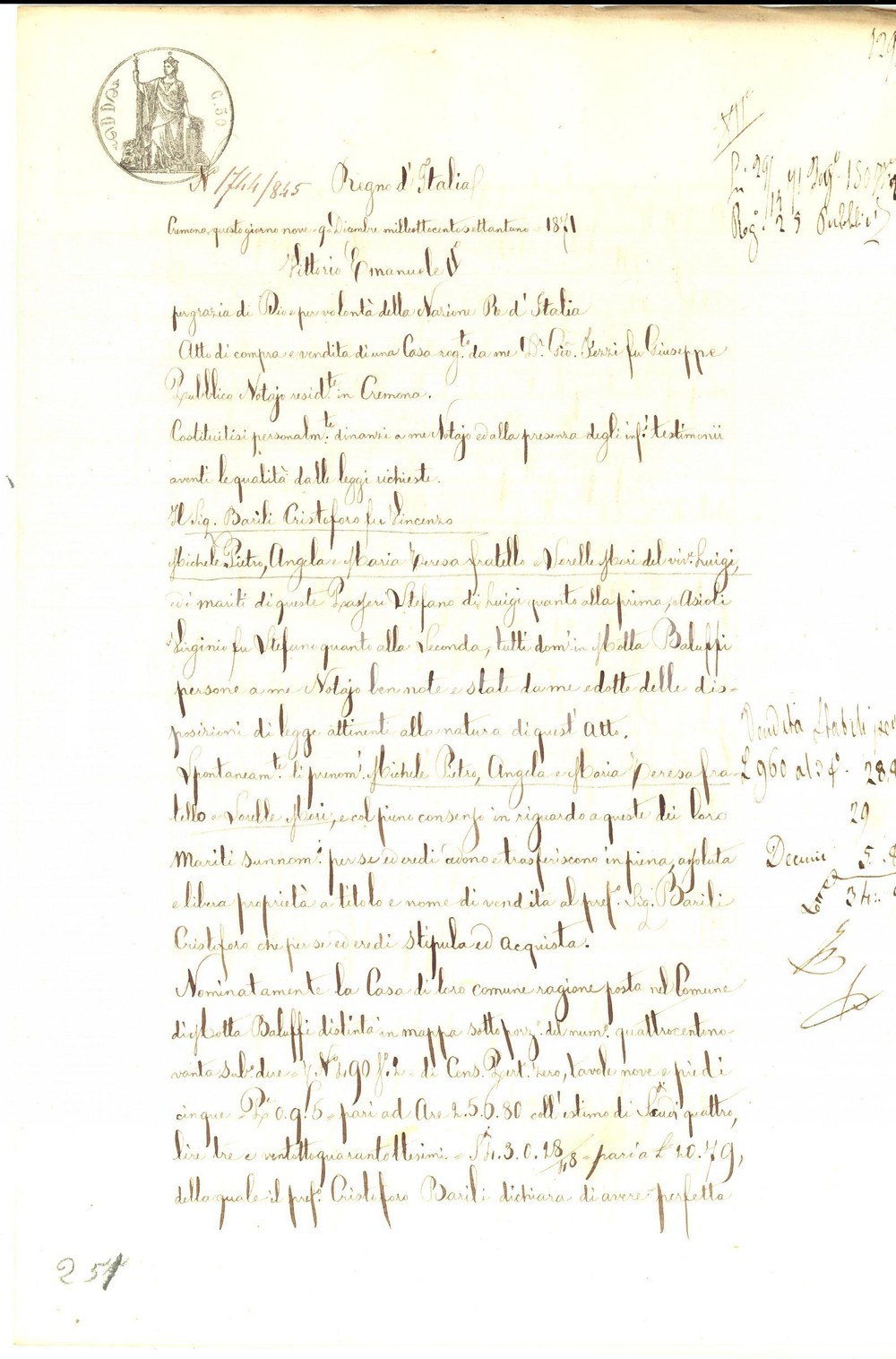 Documento originale, autentico 1871 MOTTA BALUFFI CR Famiglia MORI vede a Cristoforo BARILI casa comune 1