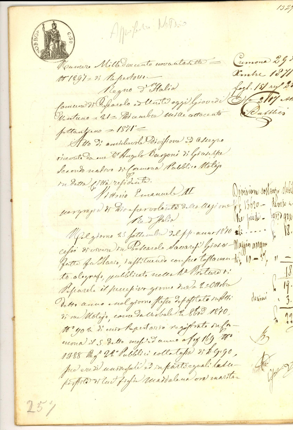 Documento originale, autentico 1871 PESCAROLO ED UNITI CR Divisione ereditaria beni di Giosafatte SAVARESI 1