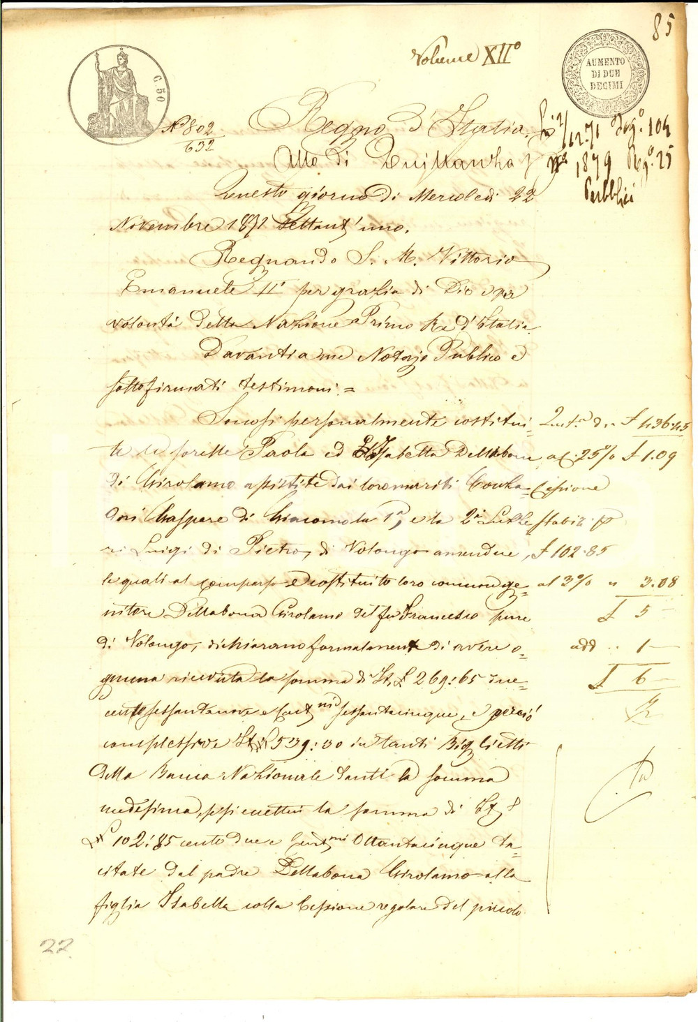 Documento originale, autentico 1872 VOLONGO CR Atto di quietanza delle sorelle Paola e Isabella DELLABONA 1