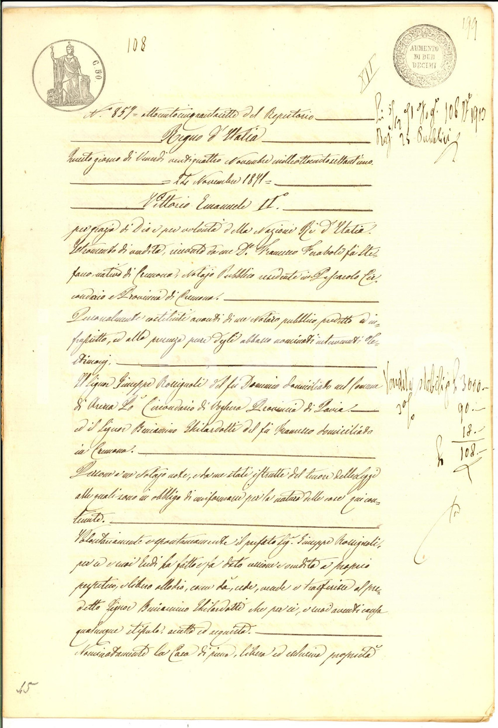 Documento originale, autentico 1871 CREMONA Giuseppe ROSSIGNOLI vende casa a Beniamino GHILARDOTTI Manoscritto 1