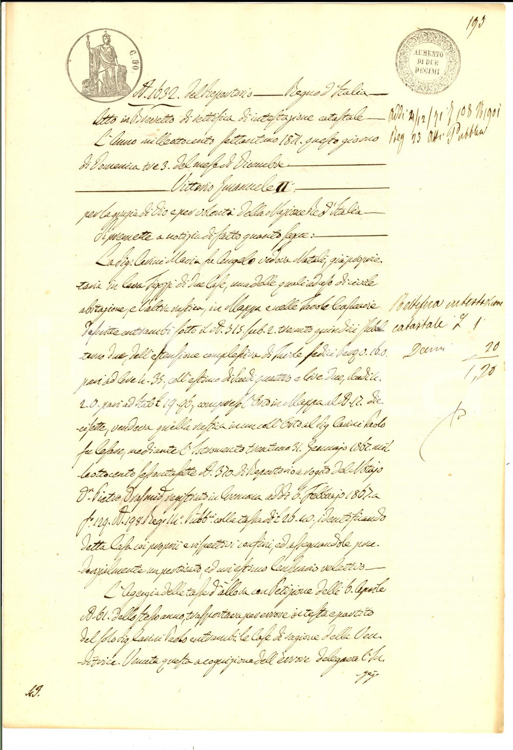 Documento originale, autentico 1871 CREMONA CAVATIGOZZI Rettifica intestazione per case di Anna Maria NATALI 1