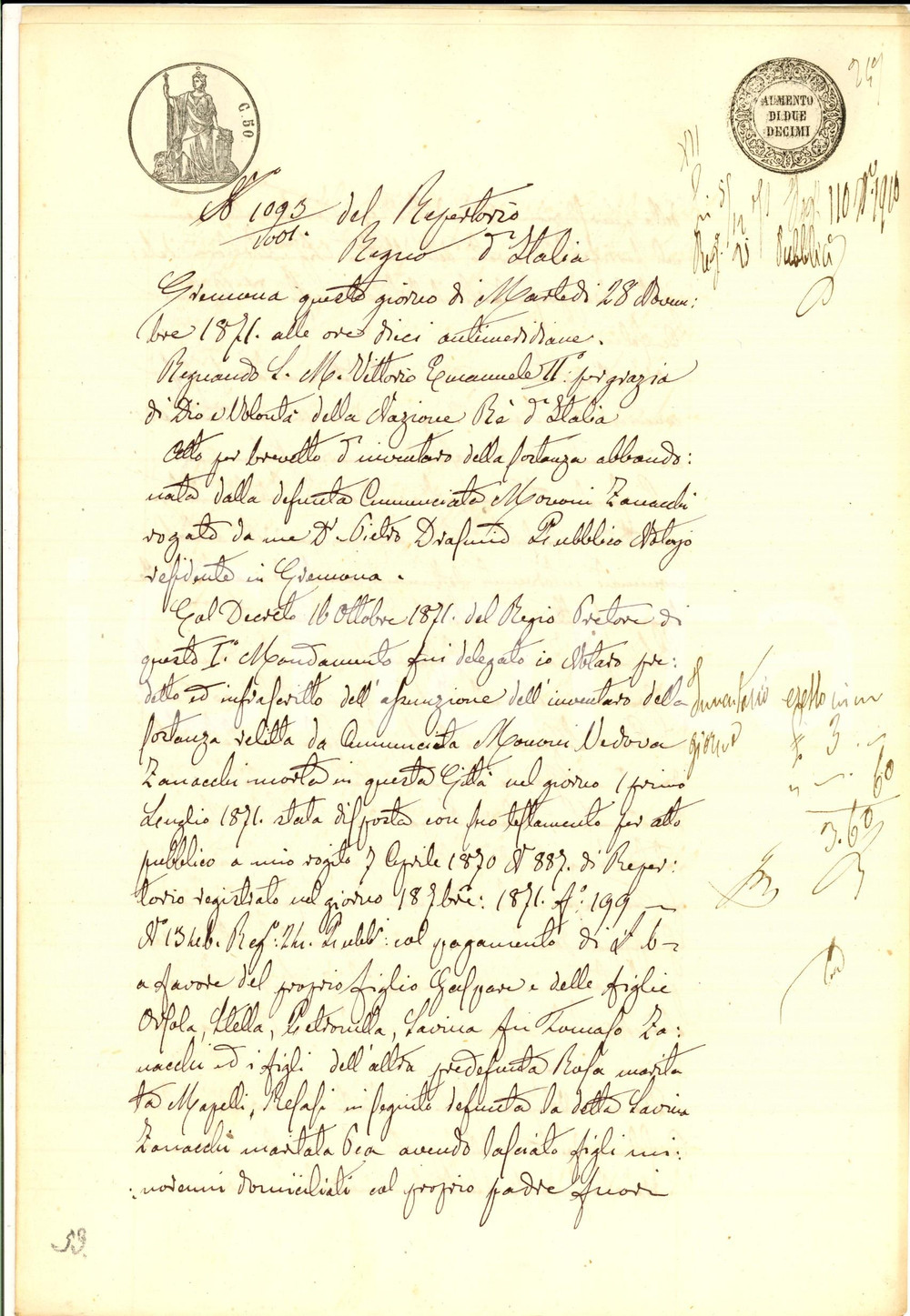 Documento originale, autentico 1871 CREMONA Inventario beni della defunta Annunciata MORONI ZANACCHI 8 pp. 1
