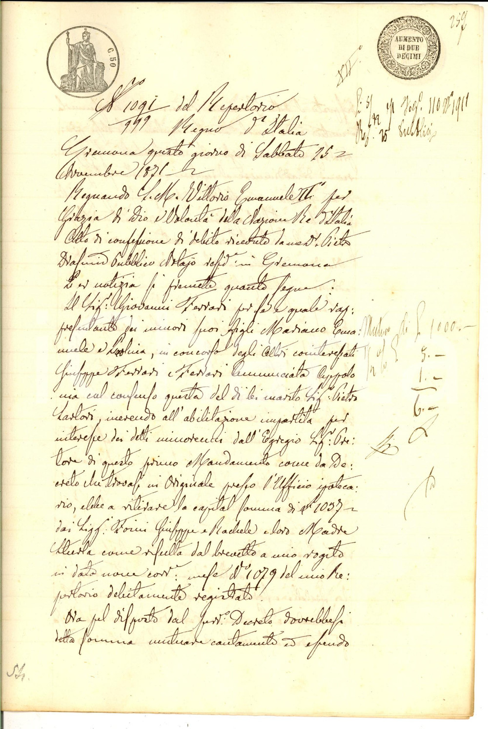Documento originale, autentico 1871 CREMONA Confessione di debito di Giovanni FERRARI tutore dei figli minori 1