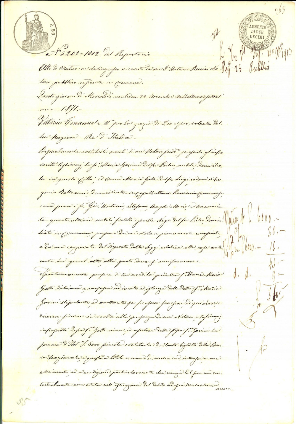 Documento originale, autentico 1871 CREMONA Atto di mutuo con subingresso tra Anna Maria GALLI e Maria GARINI 1
