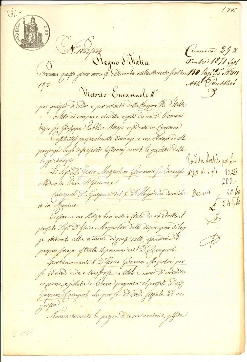 Documento originale, autentico 1871 ANNICCO CR Fisico Giovanni MAZZOLARI vende terra a Gaspare CAVAGNOLI 1
