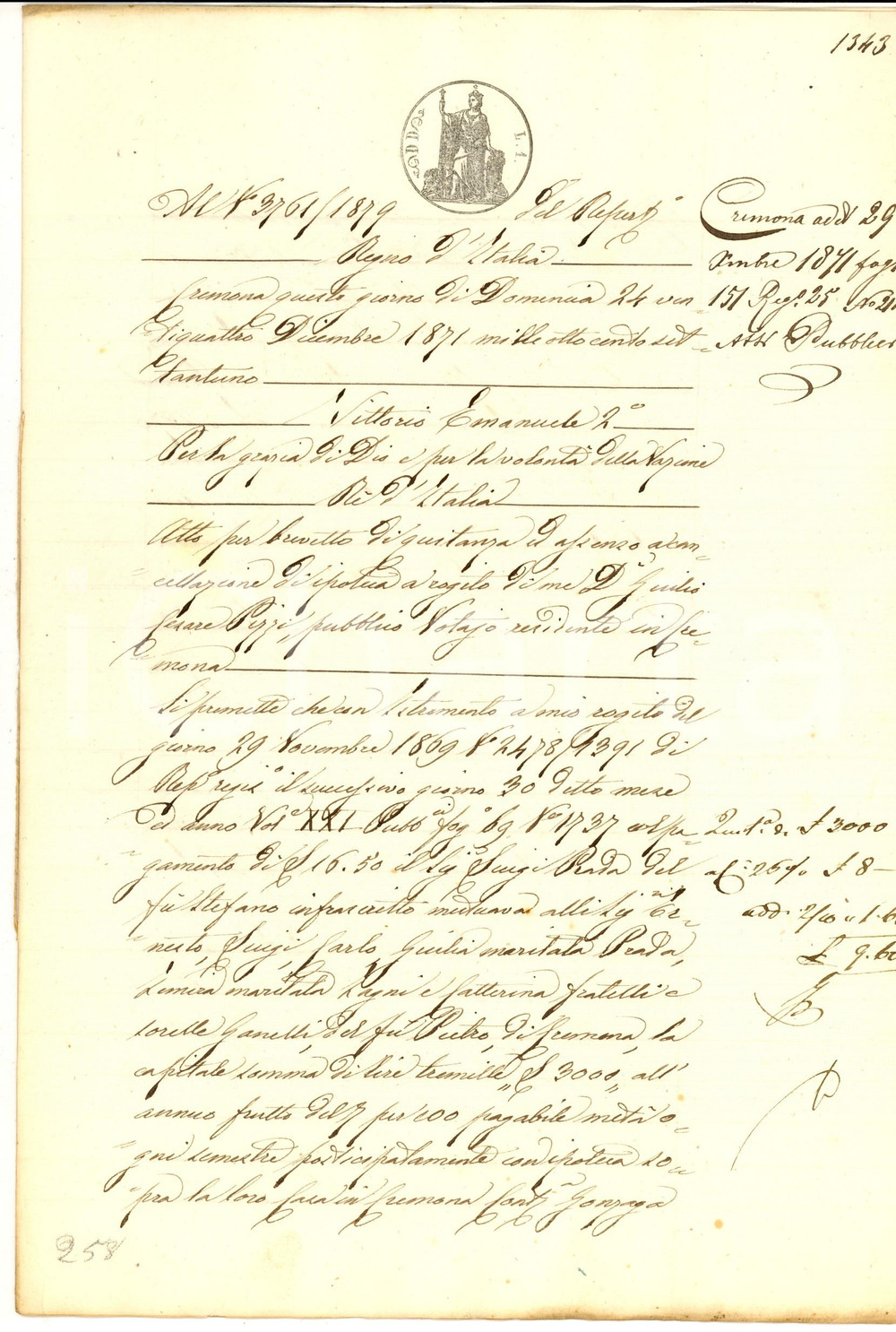 Documento originale, autentico 1871 CREMONA Quietanza Anna GILARDI ved. PRADA ai fratelli GANELLI Manoscritto 1