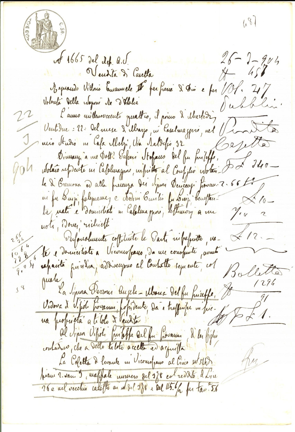 Documento originale, autentico 1904 VICOMOSCANO CR Angela PEZZONI vende casetta al figlio Giuseppe VIPOLI 1