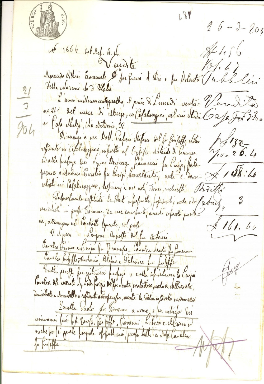 Documento originale, autentico 1904 RONCADELLO Paolo ZANELLA e Giovanni CASALMORETTI vendono casa a ZAMBRUNI 1