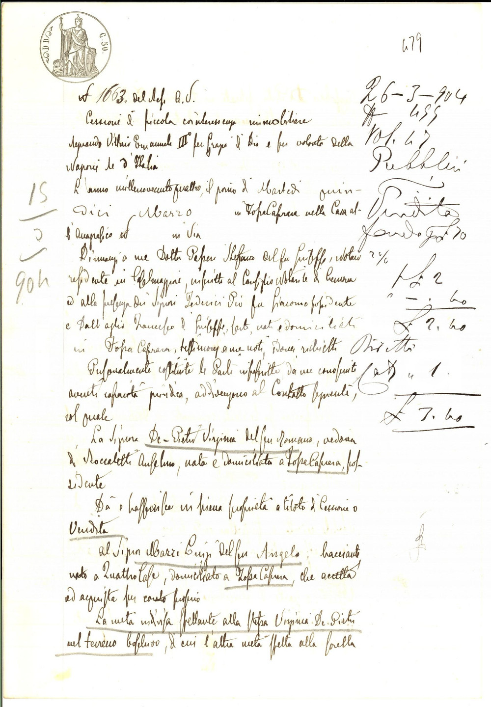Documento originale, autentico 1904 FOSSACAPRARA Cessione cointeressenza immobiliare DE PIETRI  UBAZZI 1