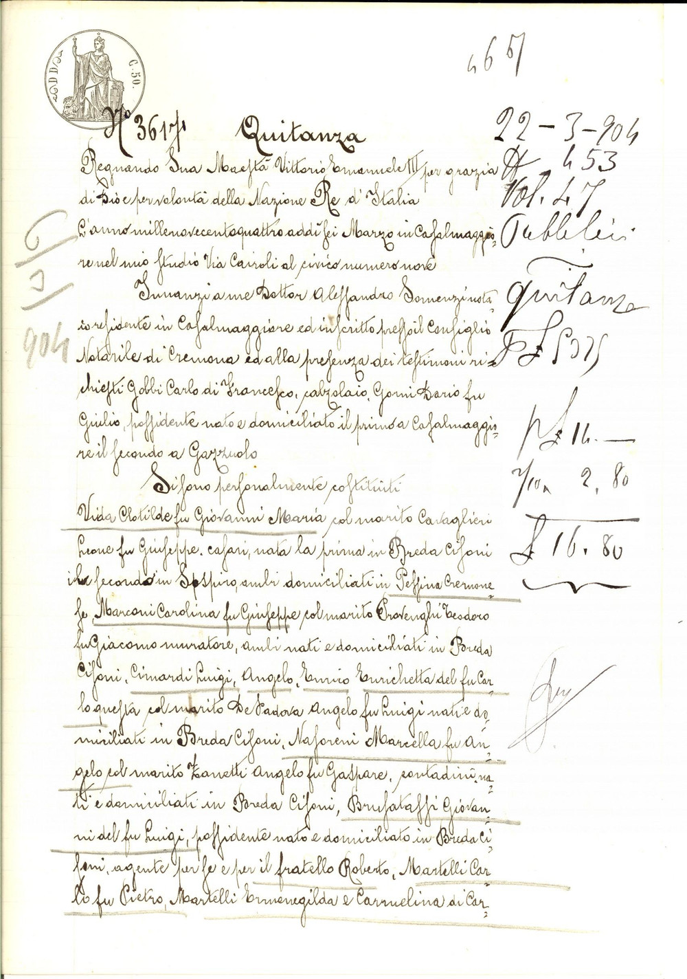 Documento originale, autentico 1904 CASALMAGGIORE Quietanza a Giovanni LONGARI PONZONE per ereditÃ  ANDREANI 1