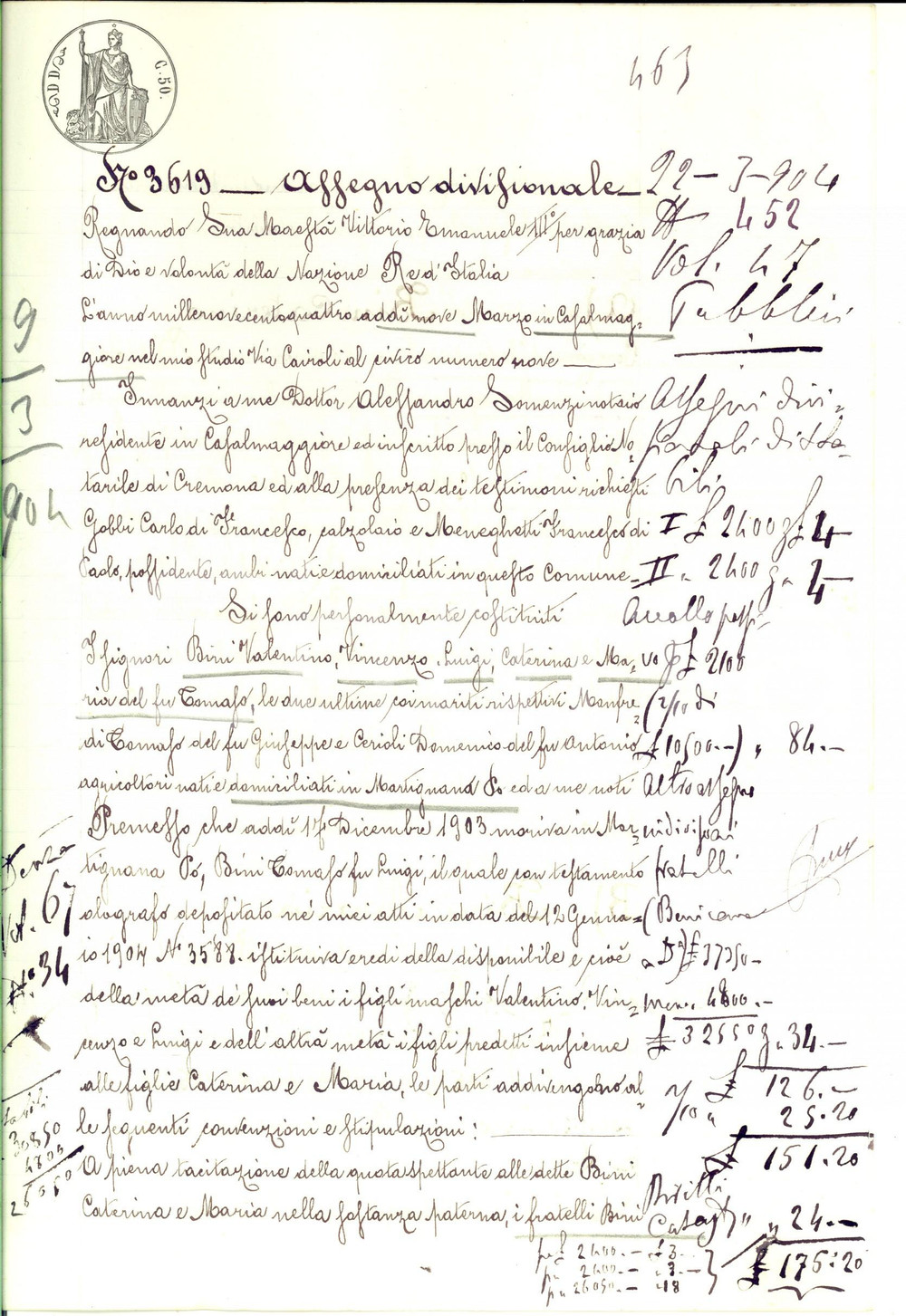 Documento originale, autentico 1904 MARTIGNANA PO CR Divisione beni tra gli eredi di Tomaso BINI Manoscritto 1