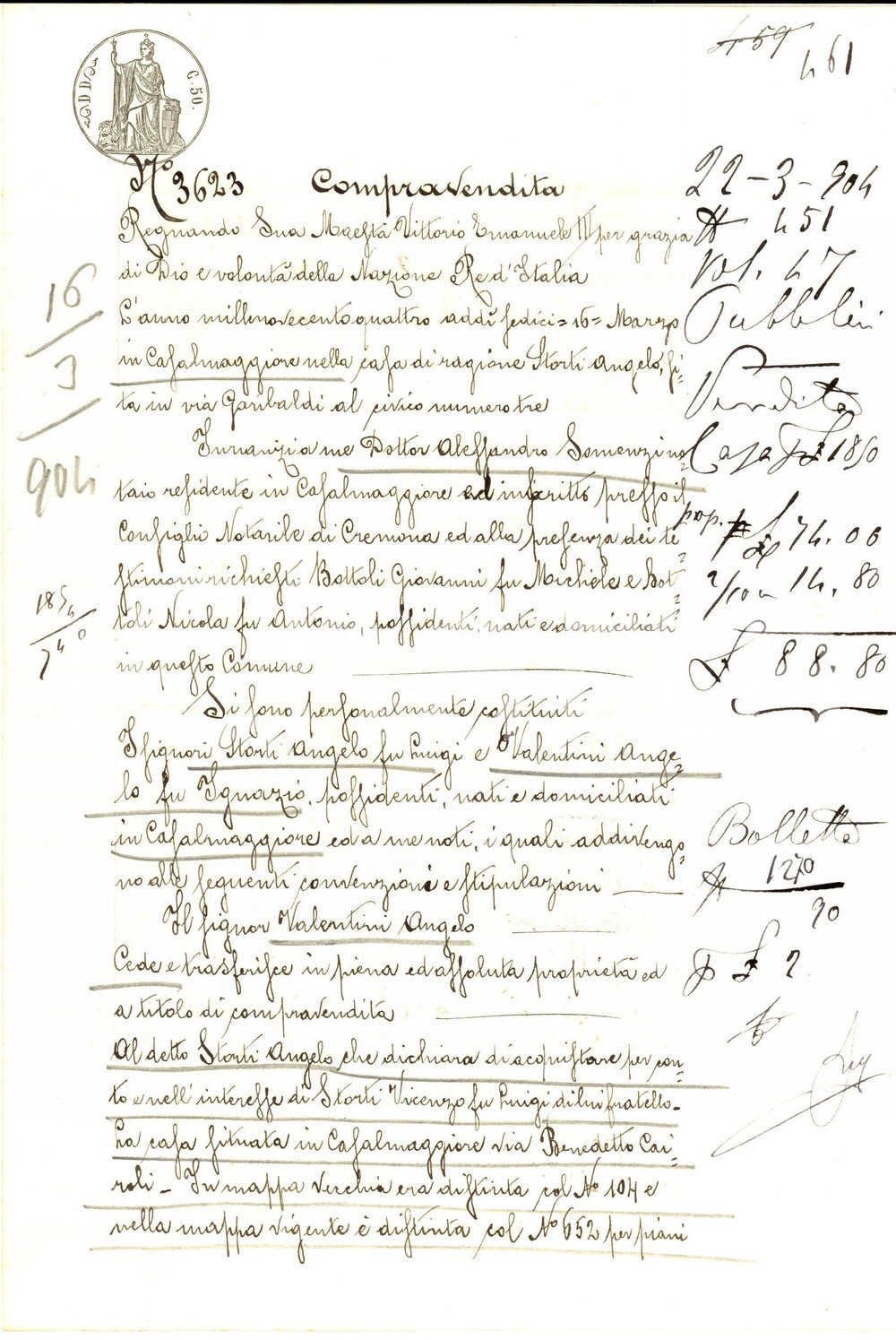 Documento originale, autentico 1904 CASALMAGGIORE Angelo VALENTINI vende casa in via CAIROLI ad Angelo STORTI 1