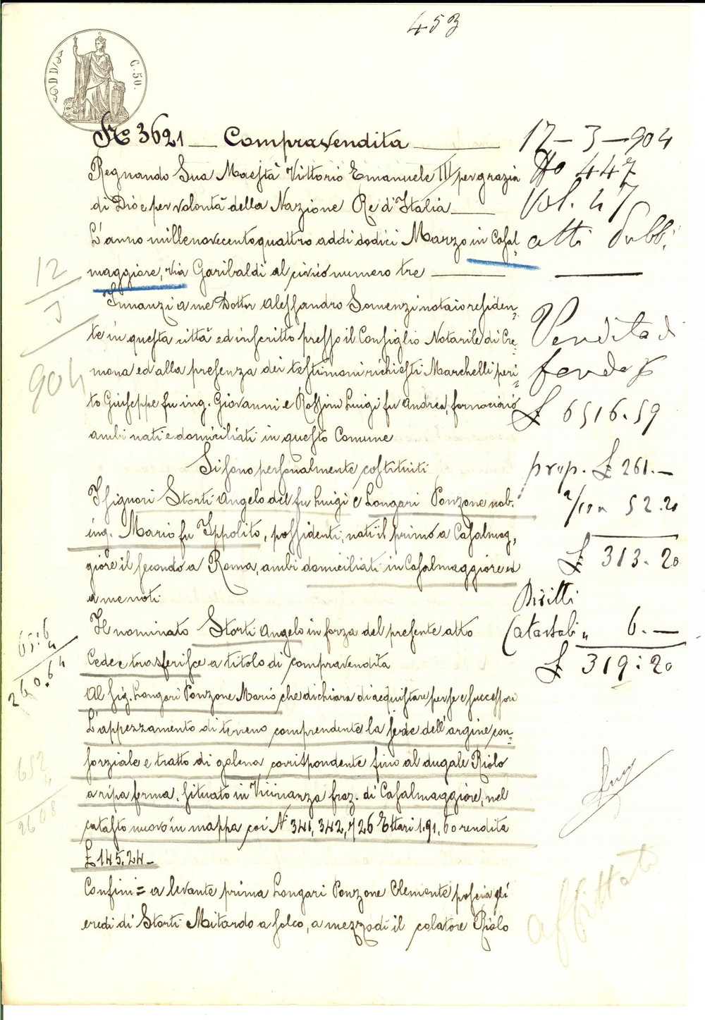 Documento originale, autentico 1904 VICINANZA CR Angelo STORTI vende terreno a Mario LONGARI PONZONE 1