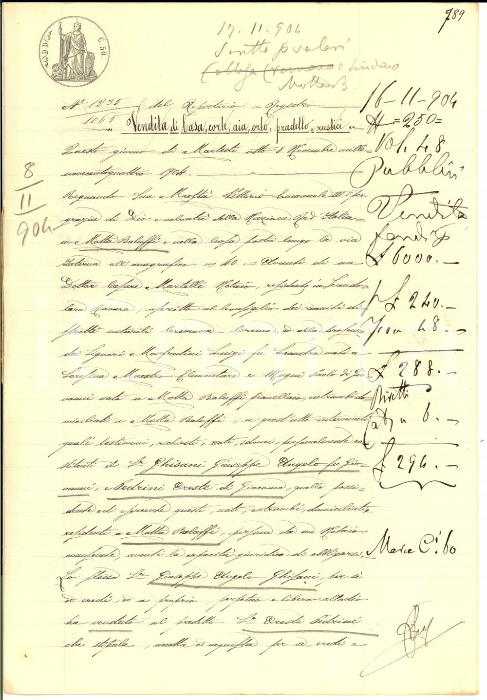 Documento originale, autentico 1904 MOTTA BALUFFI CR Giuseppe Angelo GHISONI vende bottega a Oreste PEDRINI 1