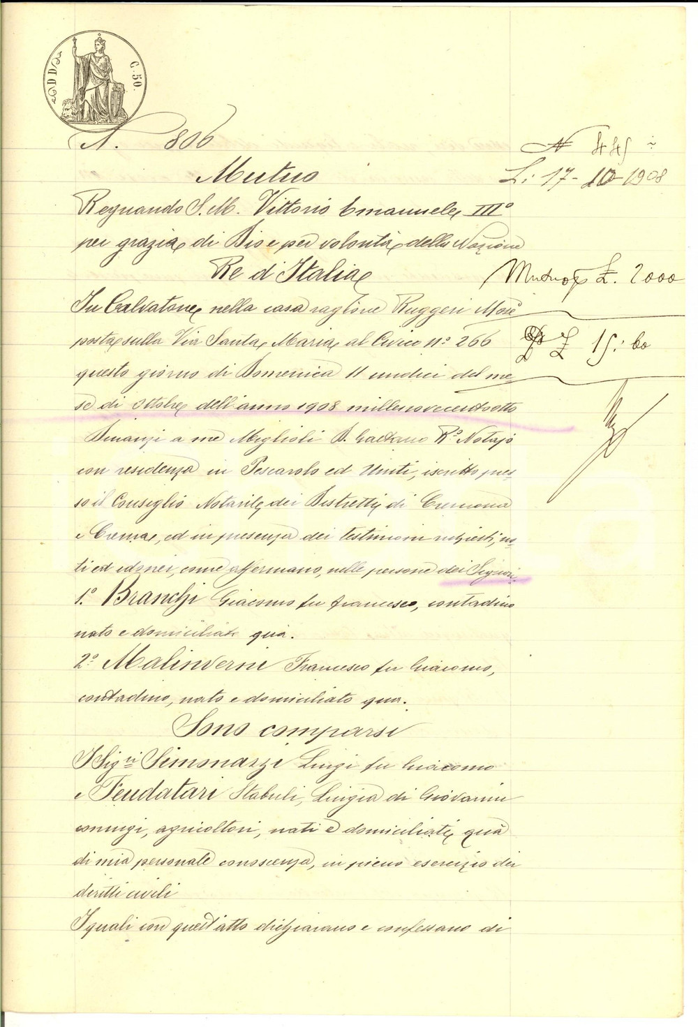 Documento originale, autentico 1908 CALVATONE CR Contratto di mutuo tra Luigi SIMONAZZI e MosÃ¨ RUGGERI 1