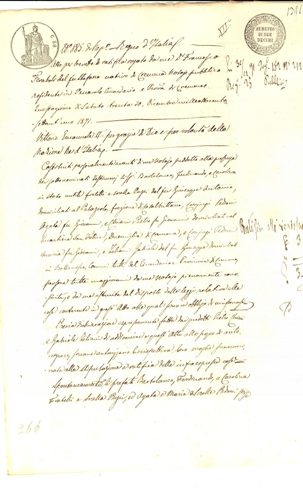 Documento originale, autentico 1871 CREMONA Atto per brevetto di ratifica fratelli PEDRONI su dote materna 1