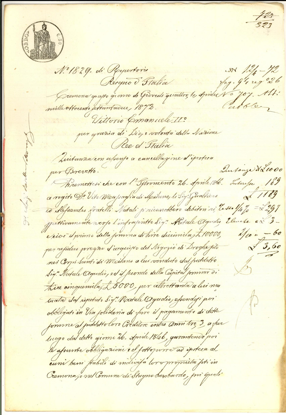 Documento originale, autentico 1873 MILANO Quietanza a Gualtiero e Alessandro NATALI saldo acquisto drogheria 1