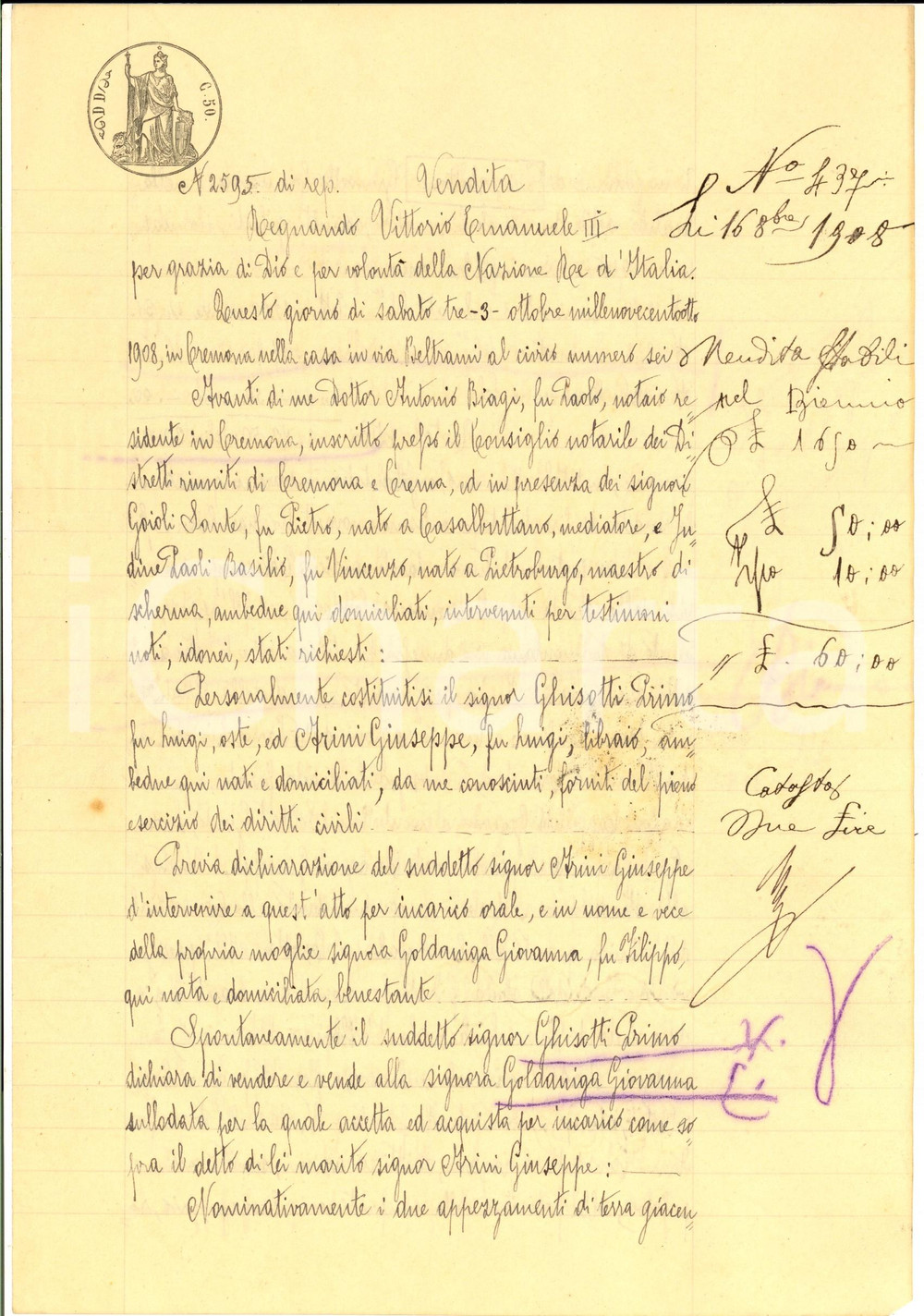 Documento originale, autentico 1908 PIZZIGHETTONE Primo GHISOTTI vende a Giovanna GOLDANIGA due campi 1