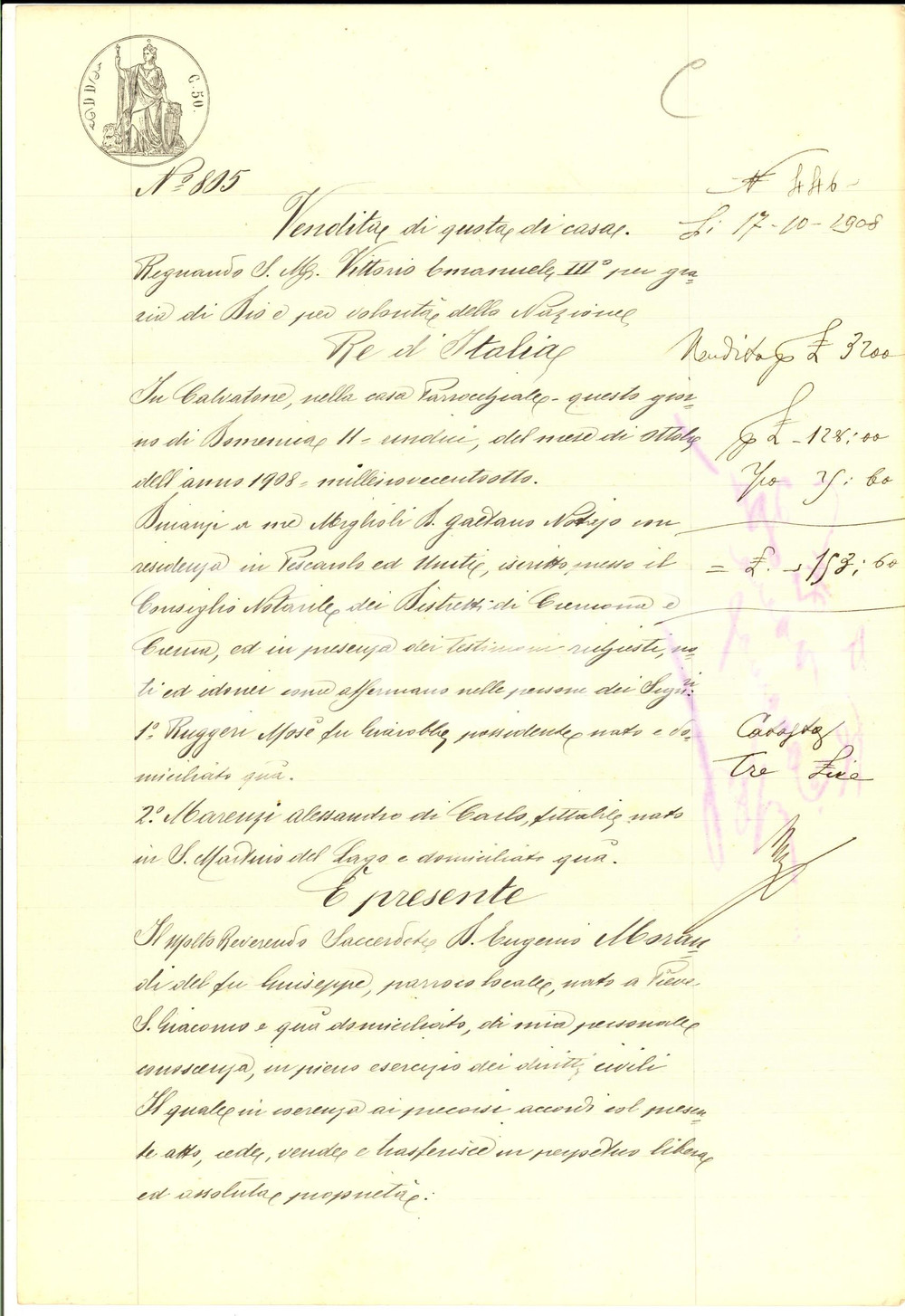 Documento originale, autentico 1908 CALVATONE CR Don Eugenio MORANDI vende a Luigi SIMONAZZI porzione di casa 1